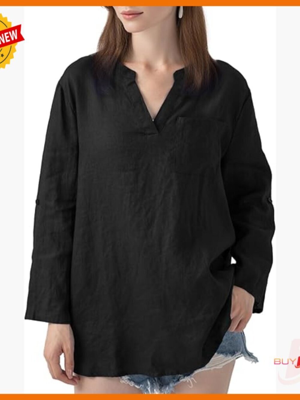 100% Linen V-Neck Blouse 3/4 Sleeve Relaxed Fit Chest Pocket